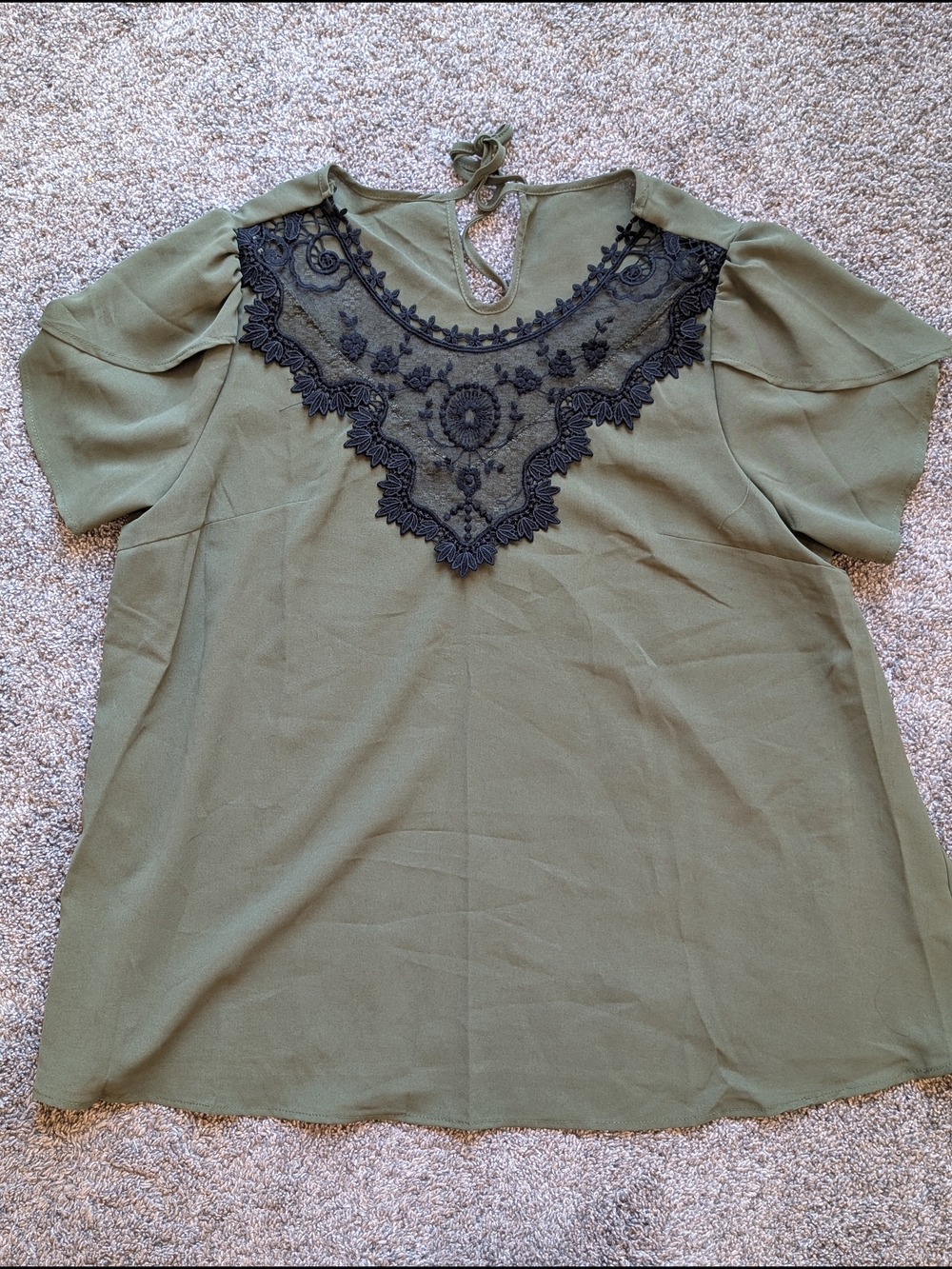 SHEIN Olive Green Blouse with Black Lace Yoke